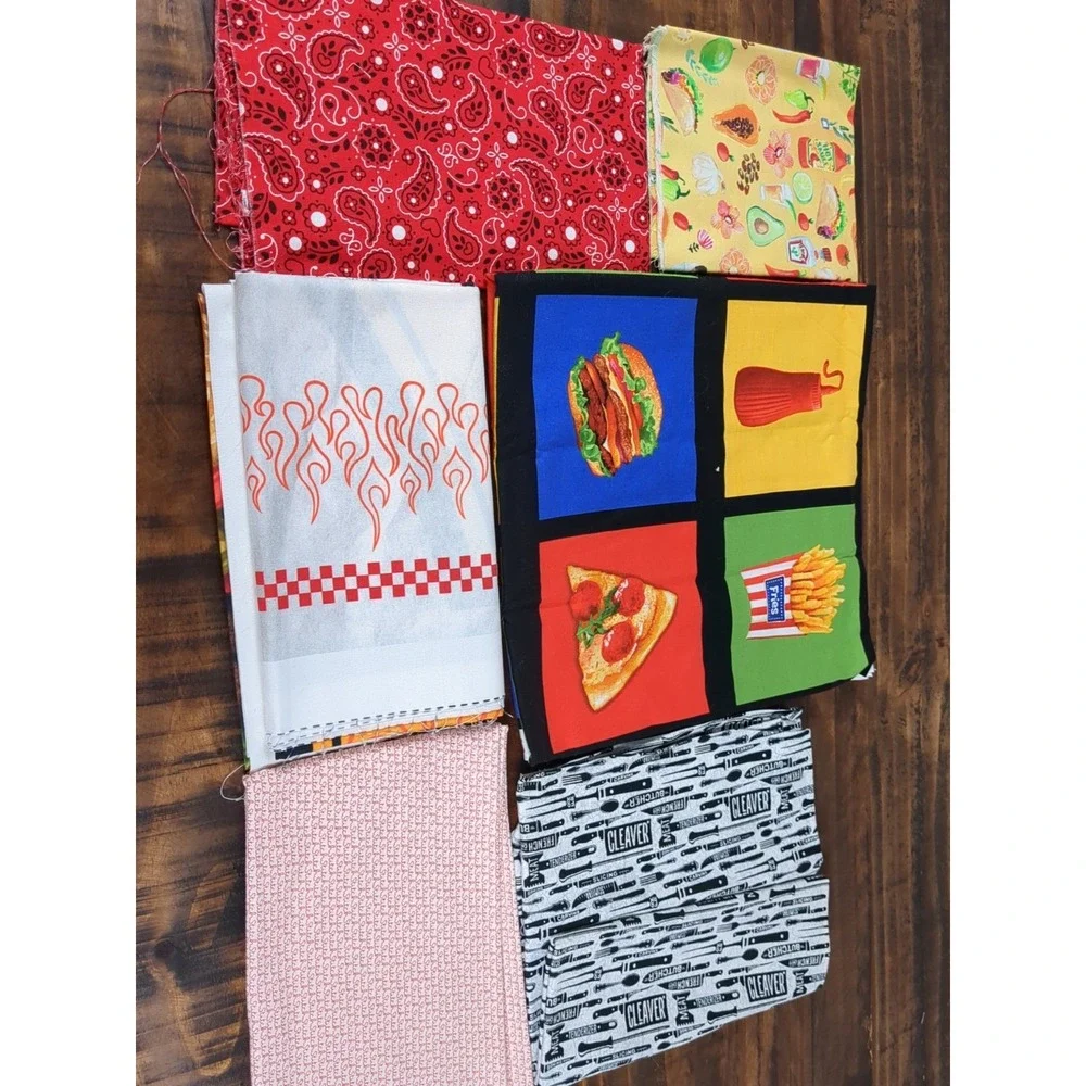 Lot of Fabric pizza burgers fruit‎ veggies knives paisley fries red, blue, black